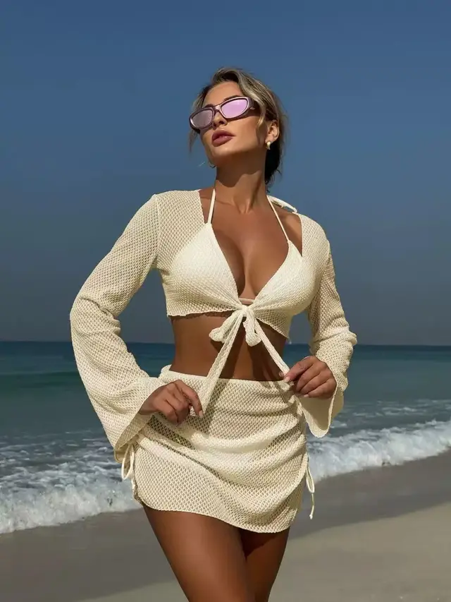 Pure Desire Blouse Split Banded Bikini Suit Beige - Shop at LoveMi