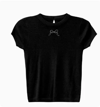 Sweet Girl Short Sleeve Bow Knitted T-shirt - Black