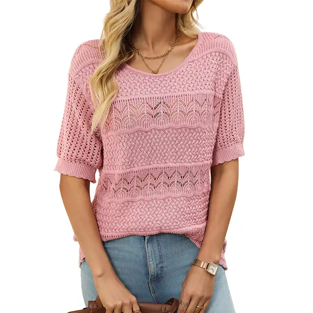 Round Neck Hollow out Short sleeved Shirt Knitted Crocheted Sweater Pink - Shop at LoveMi