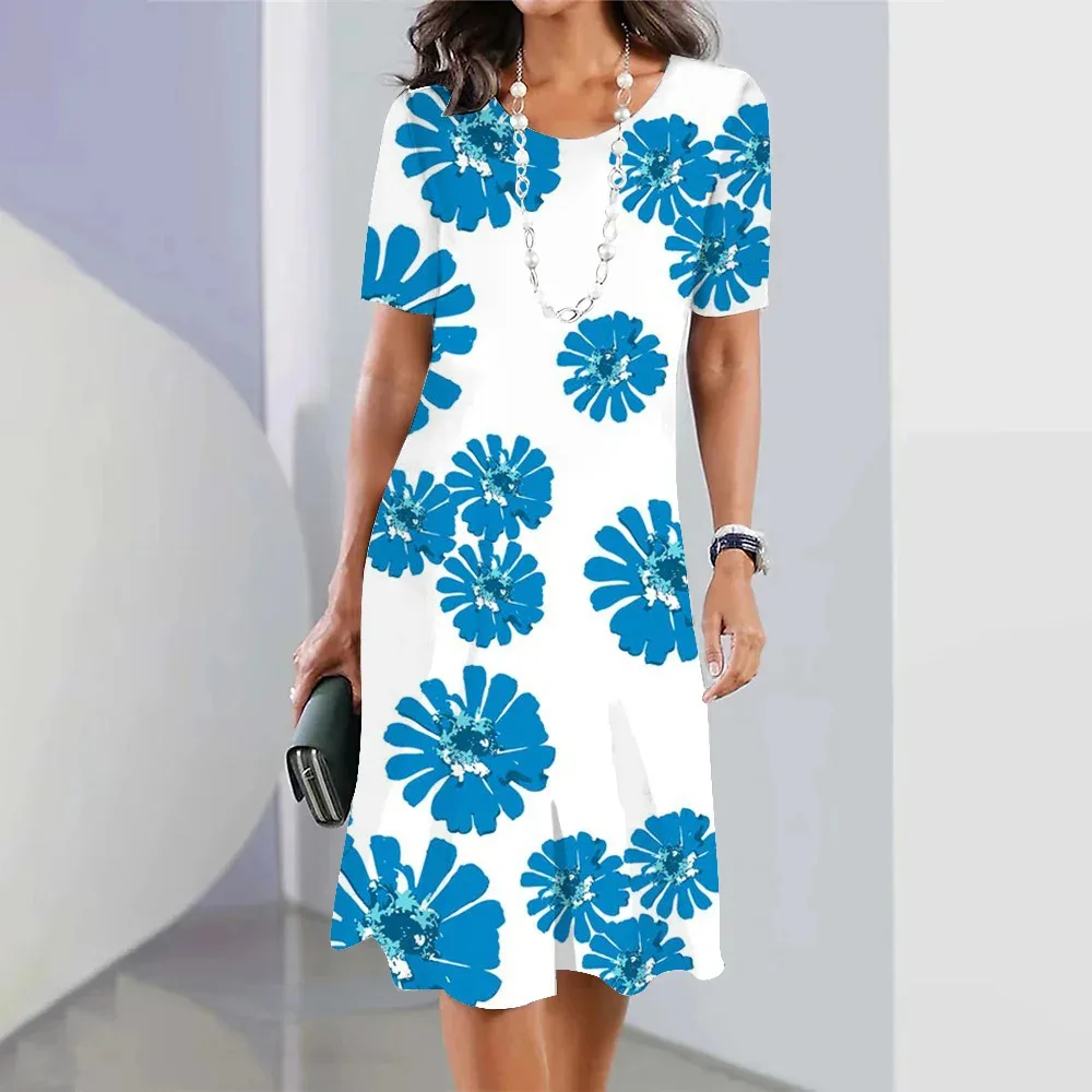 3d Floral Blue Printed Round Neck Fashion Party Dress - Blue