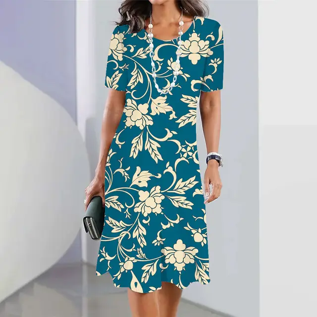 3d Floral Blue Printed Round Neck Fashion Party Dress Xx010742 - Shop at LoveMi