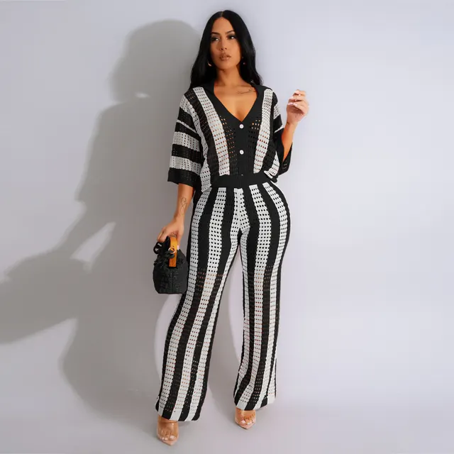 Women's Sexy V neck Hollow Striped Lapel Knitted Width Blouse And Pants Black - Shop at LoveMi