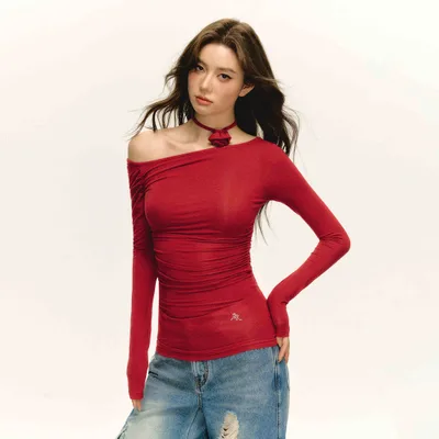 Retro Shoulder Pleating Long sleeved T shirt Slim Fit Bottoming Top Red - Shop at LoveMi
