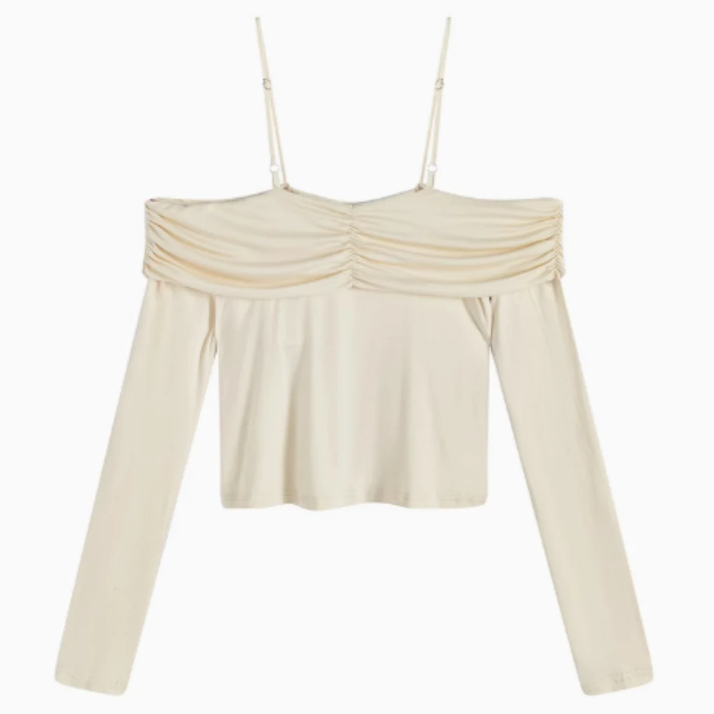 Slimming And Slimming One Shoulder Top, Sticky And Long Sleeved T - Cream Yellow Tshirt