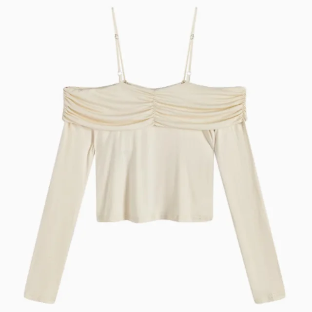 Slimming And Slimming One Shoulder Top, Sticky And Long Sleeved T Cream Yellow Tshirt - Shop at LoveMi