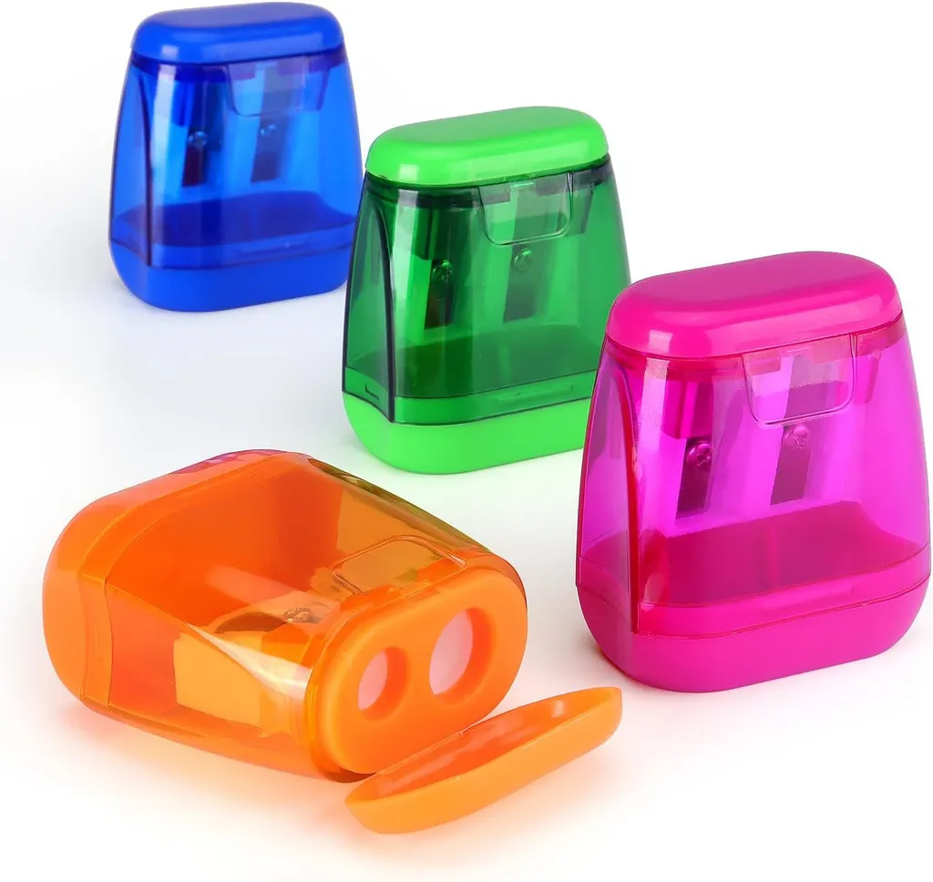 Green Bucket Transparent Plastic Lid Double Hole Pencil Sharpener - Random 1Pc
