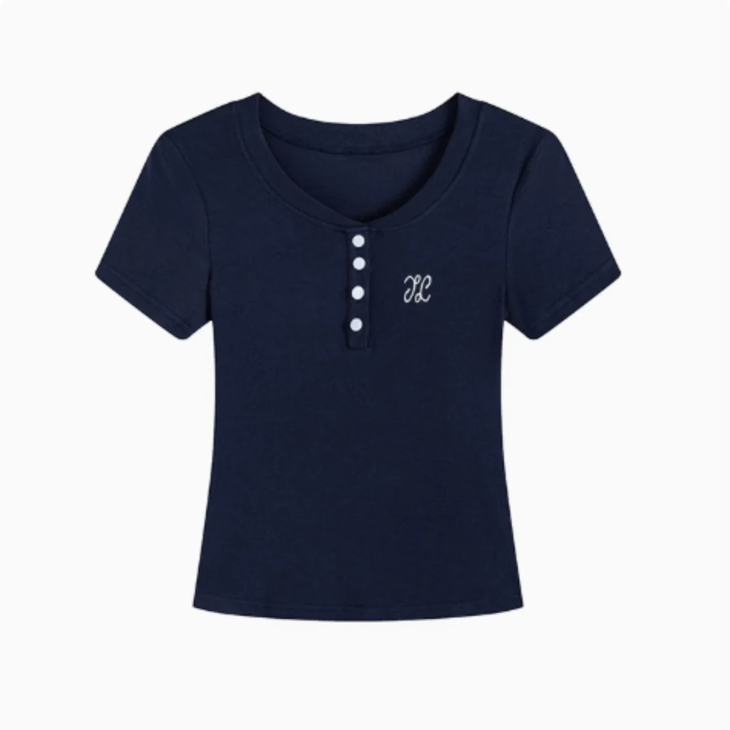 Real Top High Elasticity Slimming Short Sleeved T-shirt - Navy Blue