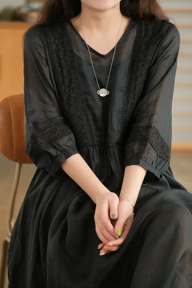 Three quarter Sleeve Artistic Style Lace up Dress Long V neck Comely Black - Shop at LoveMi