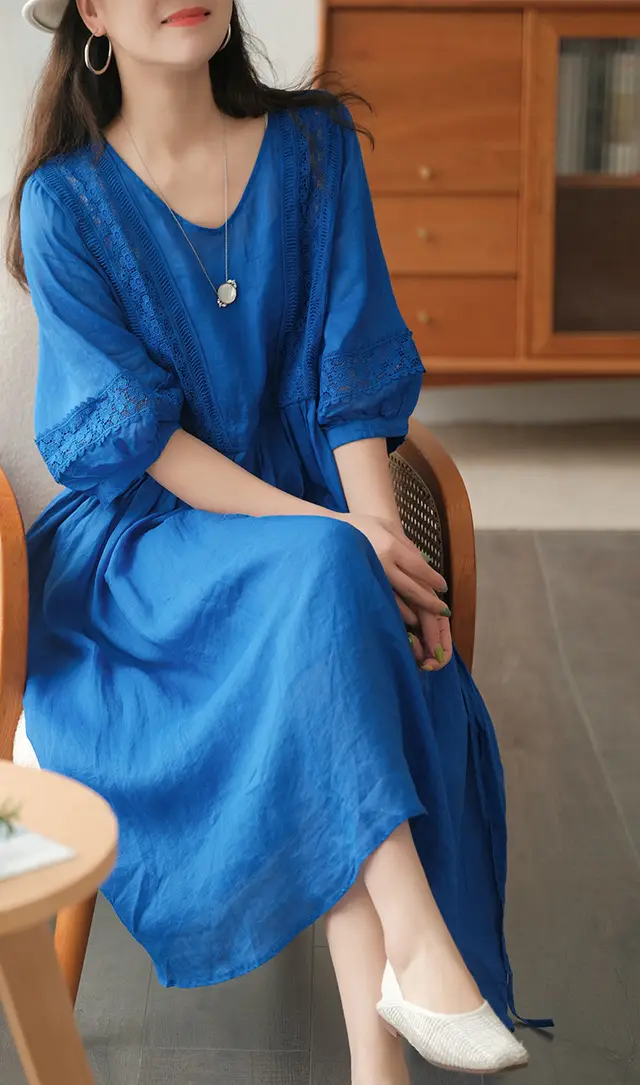 Three quarter Sleeve Artistic Style Lace up Dress Long V neck Comely Sapphire Blue - Shop at LoveMi
