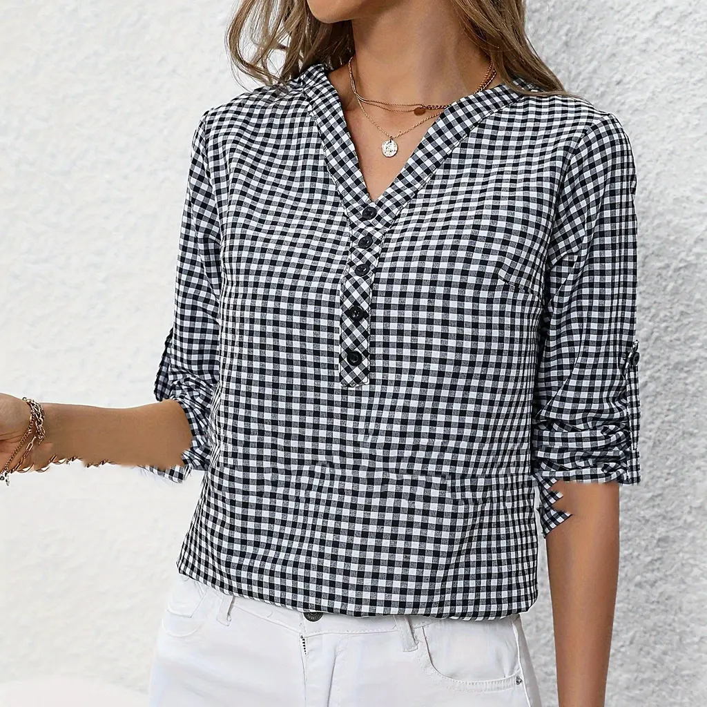 Elegant Retro Plaid Striped Three-quarter Sleeve Shirt - Black