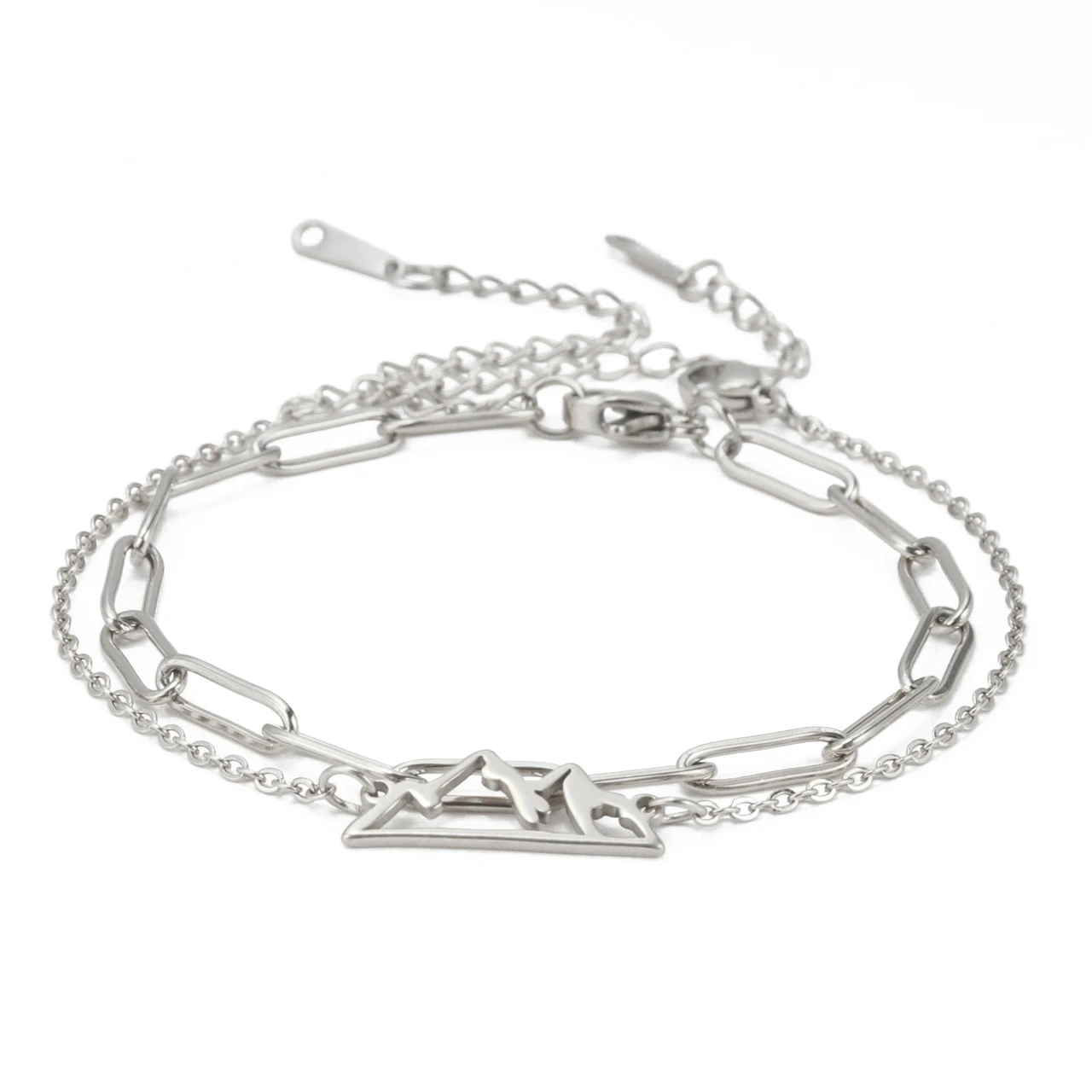 Double-layer Bead Necklace Mountain Pendant 304 Stainless Steel Bracelet - Steel Colour Welding Chain