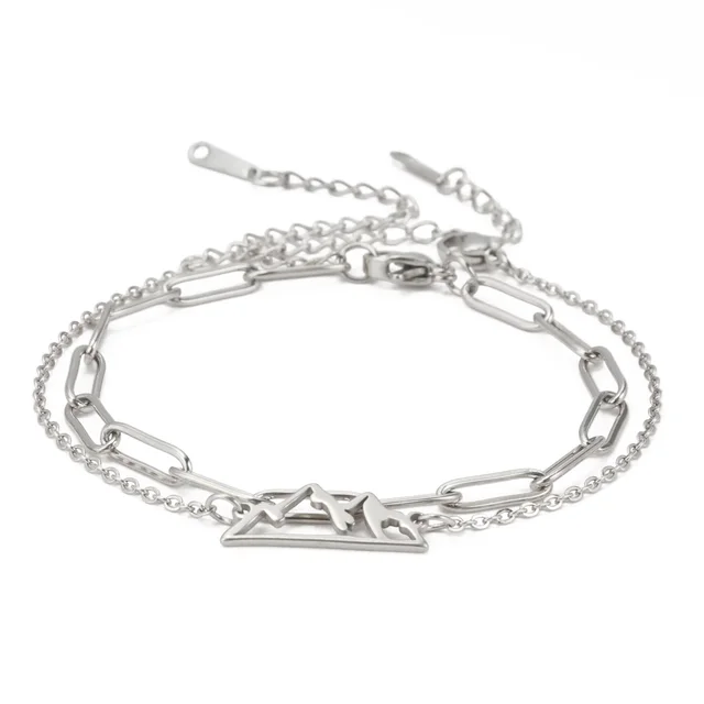 Double layer Bead Necklace Mountain Pendant 304 Stainless Steel Bracelet Steel Color Welding Chain - Shop at LoveMi