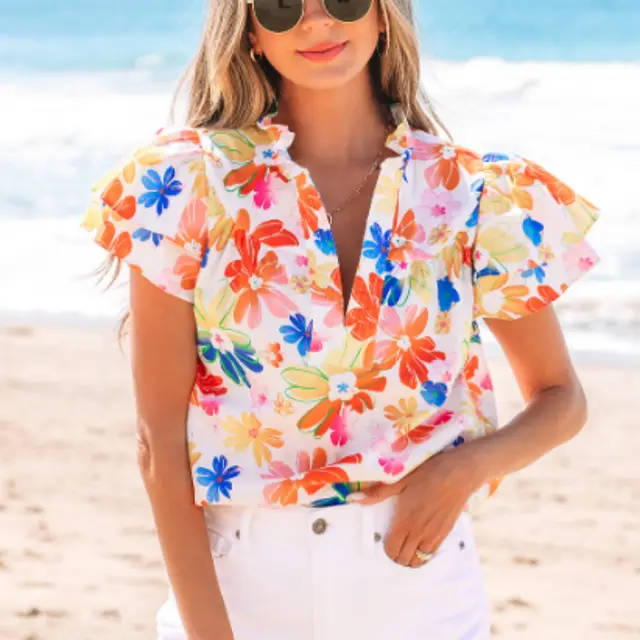 White Floral Bouquet Flutter Top White - Shop at LoveMi