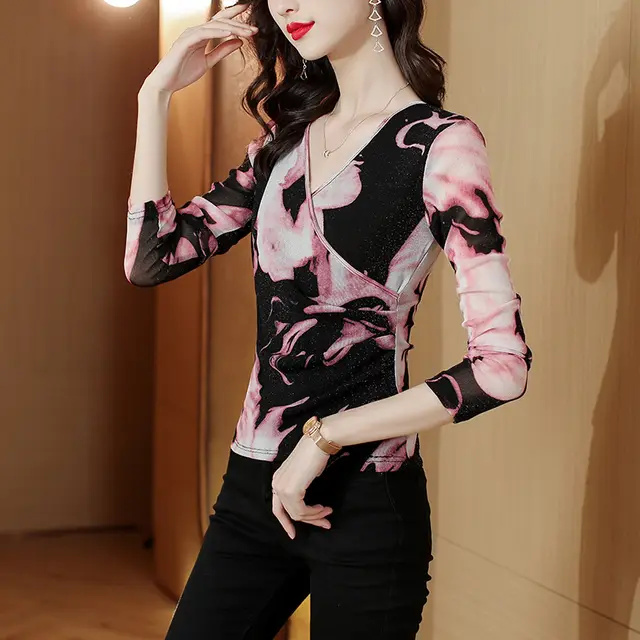 Slim Fit Slimming Mesh Bright Silk Western Style Top Pink - Shop at LoveMi