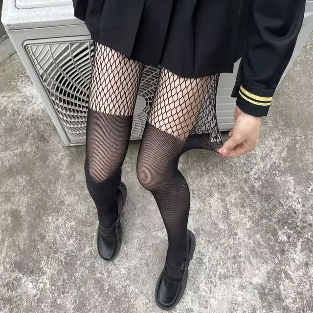 Black Silk Fishnet Stitching Hollow Thin Snagging Resistant Pantyhose Black Without Belt - Shop at LoveMi