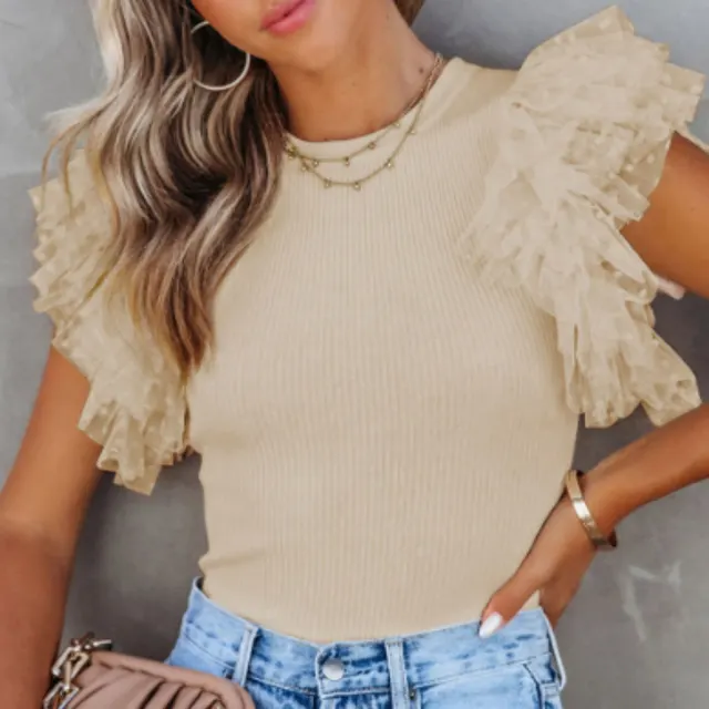 Apricot Dotty Mesh Ruffle Sleeve Ribbed Knit Top Khaki - Shop at LoveMi