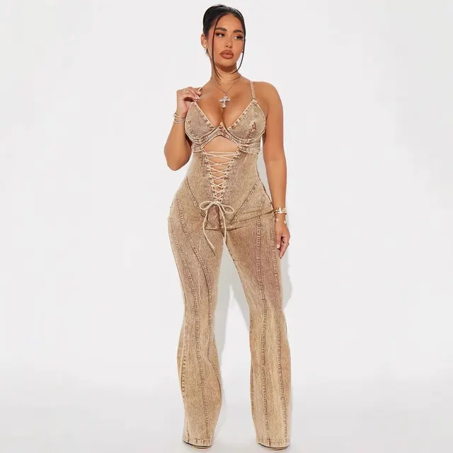 Women's Fashion Hollowed out Lace up Girdle Denim Jumpsuit Khaki - Shop at LoveMi