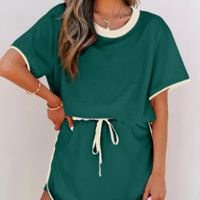 Turquoise Colorblock Edge Drop Shoulder T Shirt And Skort Set Green - Shop at LoveMi