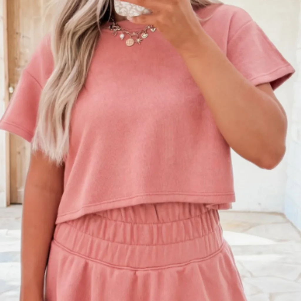Black Cropped Tee And Ruffle High Waist Skort Set - Pink