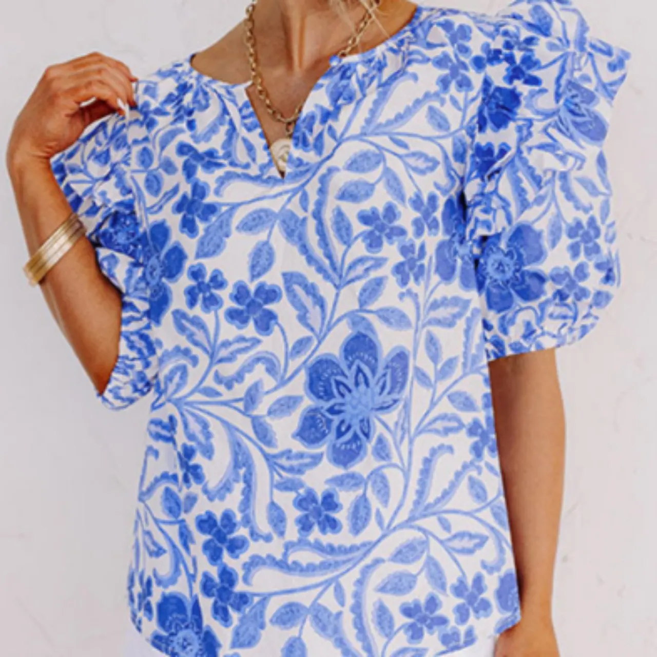 Dark Blue Floral Print Ruffled Bubble Sleeve Blouse - Top