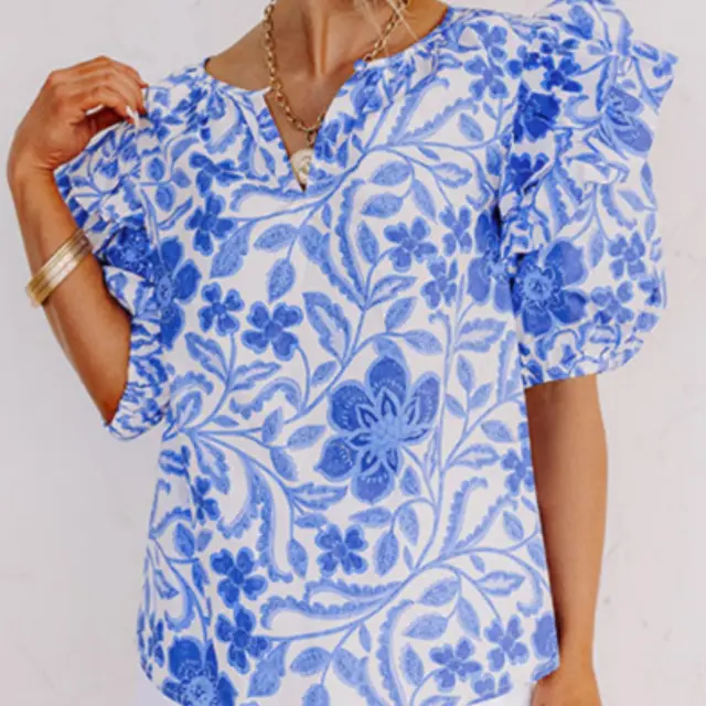 Dark Blue Floral Print Ruffled Bubble Sleeve Blouse Top - Shop at LoveMi