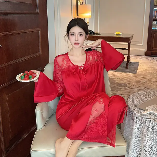 Women's Long sleeved Ice Silk Pajamas Lace Suit Red - Shop at LoveMi