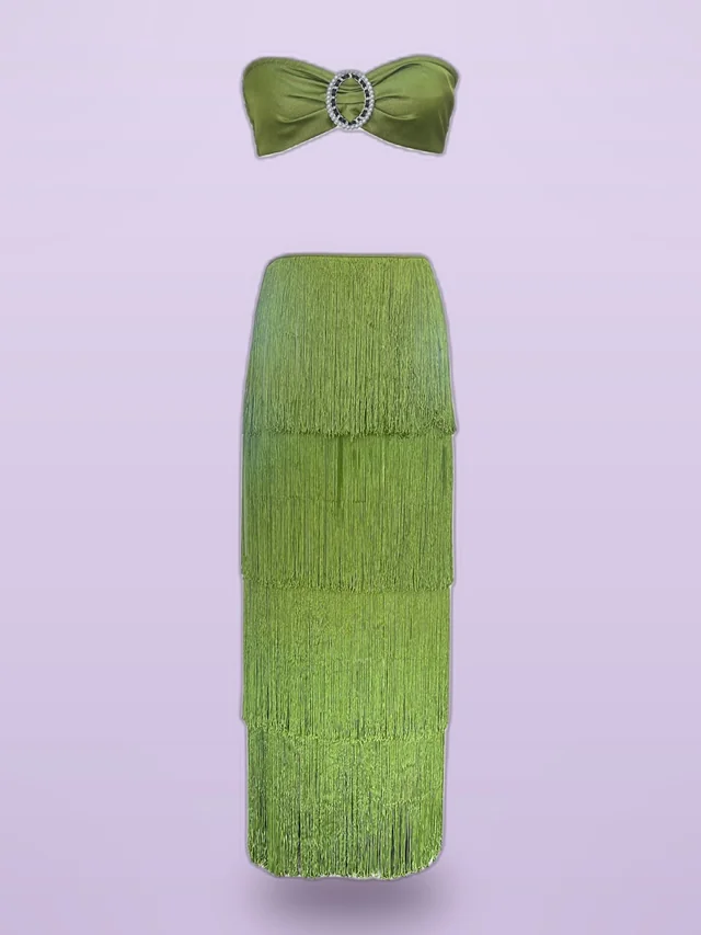 Tube Top Tassel Dress Two piece Set Green - Shop at LoveMi