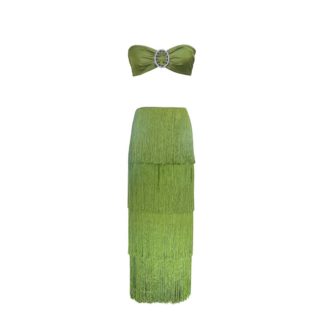 Tube Top Tassel Dress Two piece Set Green - Shop at LoveMi