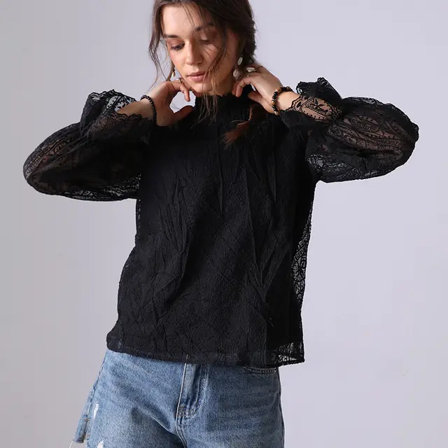 Hollow Embroidered Hollowed Fashion Shirt For Women Black - Shop at LoveMi