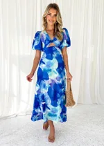 Puff Sleeve Long Dress Printed V-neck Hollow Out - Blue Dress