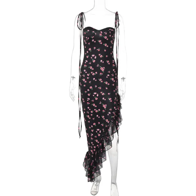 Printed Mesh Flounce Trim Lace Up Dress Black - Shop at LoveMi
