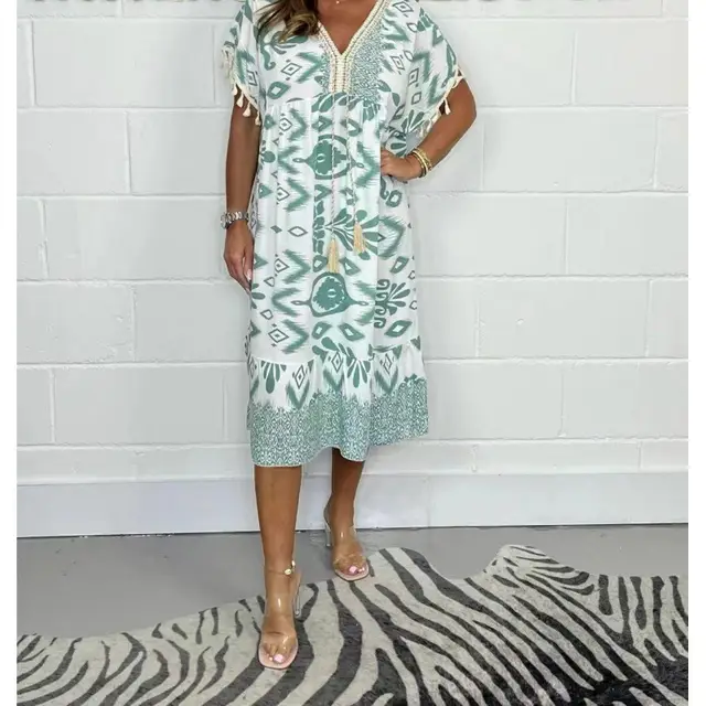 Fashion Printed V neck Tassel Stitching Casual Dress Mint Green - Shop at LoveMi