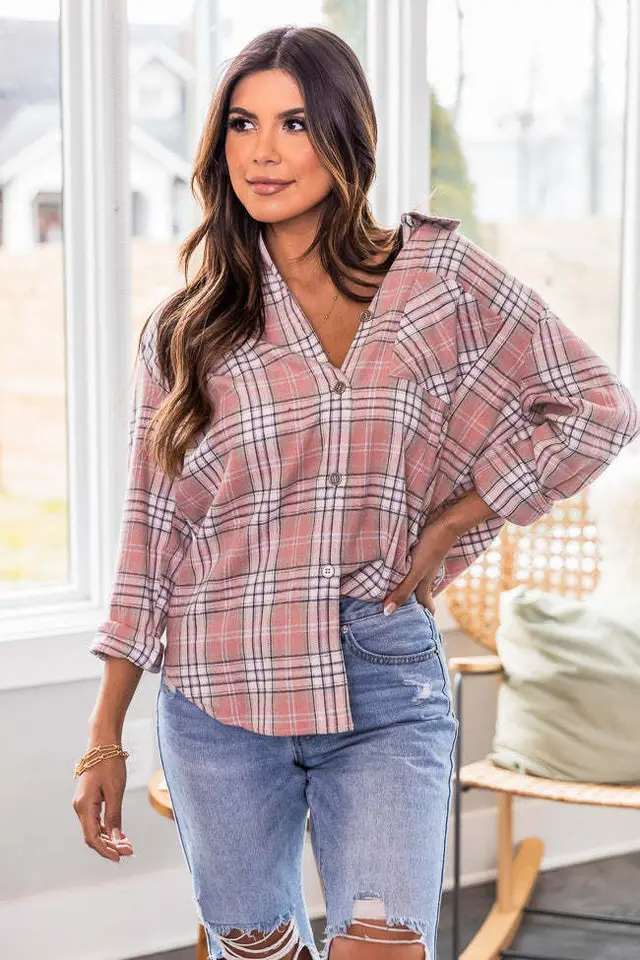 New Polo Collar Pocket Long Sleeve Plaid Shirt Thin Coat For Women Pink - Shop at LoveMi
