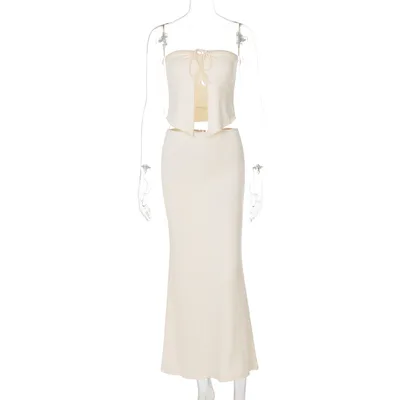 Sexy Patchwork Open bone Top Slim Fit Temperament Sheath Mid length Suit Skirt Apricot - Shop at LoveMi