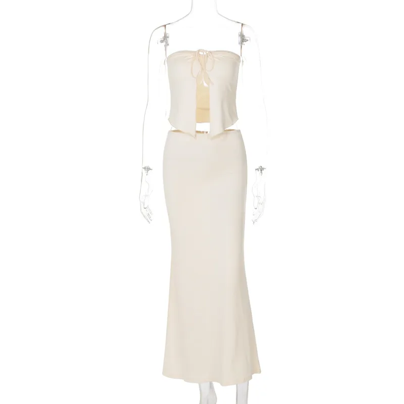 Sexy Patchwork Open-bone Top Slim Fit Temperament Sheath Mid-length Suit Skirt - Apricot