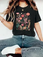 European And American Summer Women's Plant Flower Graphic Print Crew Neck Short Sleeve - Black