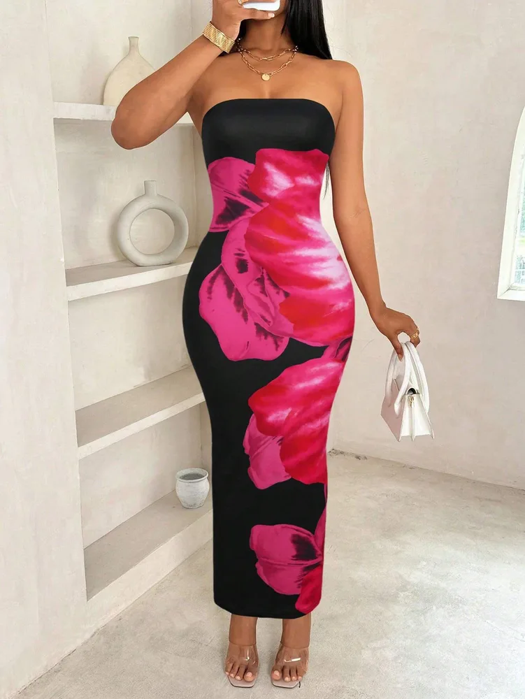 New Women's Slim-fit Contrast Colours Floral Print Dress - Multicolour Printing - View 1