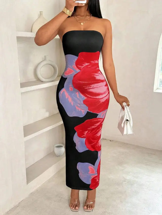 New Women's Slim fit Contrast Colors Floral Print Dress Multicolor Printing - Shop at LoveMi
