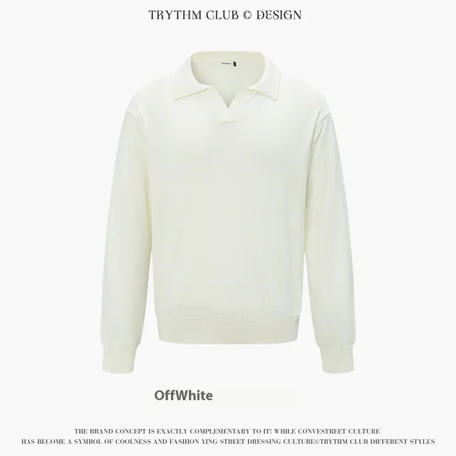 Autumn And Winter Men And Women Wear Boutique Lapel Long Sleeve Half Open Polo Shirt Beige - Shop at LoveMi