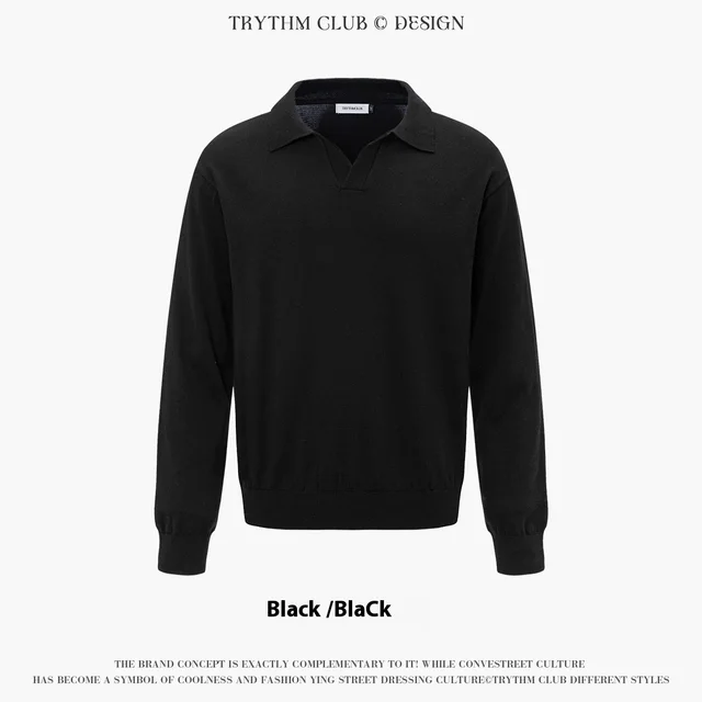Autumn And Winter Men And Women Wear Boutique Lapel Long Sleeve Half Open Polo Shirt Black - Shop at LoveMi