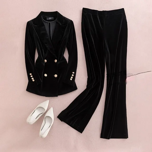 Velvet Outer Coat Plus Size Slim Fit Two piece Suit Black Suit - Shop at LoveMi
