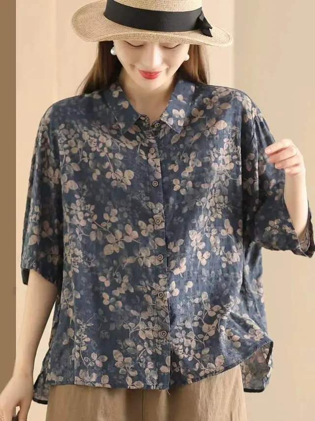 Women's Retro Fried Color Printed Shirt Top Navy Blue - Shop at LoveMi