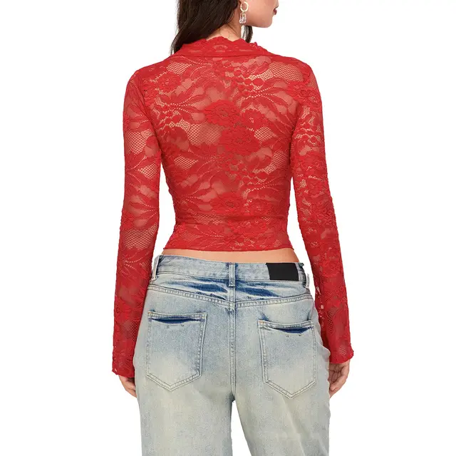 Women's Deep V neck Slim fit Lace Long sleeved Lace Top Red - Shop at LoveMi