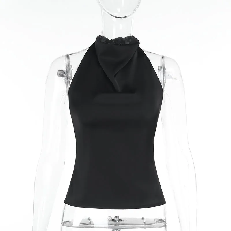 Street Style Sexy All-match Satin Backless Top For Women - Black