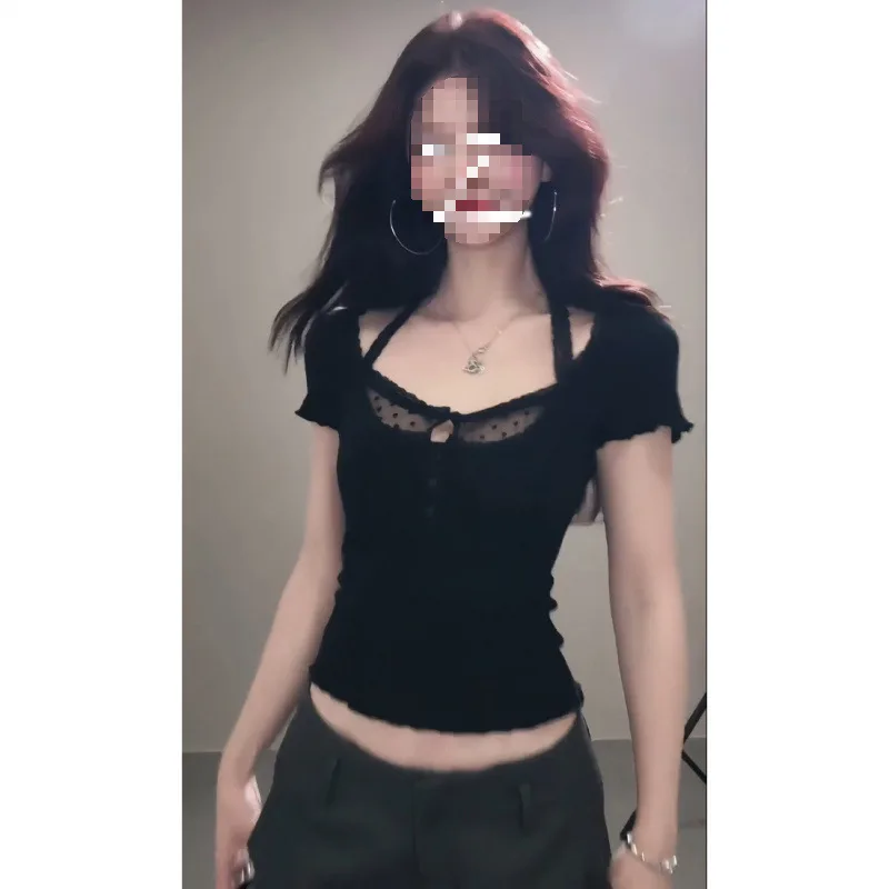 Pure Desire Style Stitching Lace Halter Top Women's Design Sense - Black - View 1