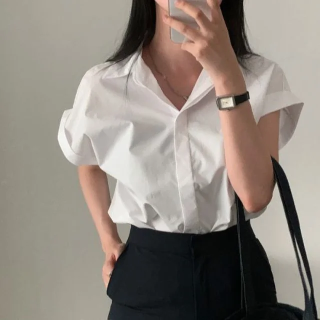 Fashion Design Classic All match Sleeve Design Shirt Top White - Shop at LoveMi