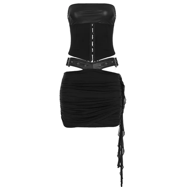 Lace up Tube Top Top Leather Hollow Out Wrist Hanging Package Hip Skirt Suit Black Suit - Shop at LoveMi