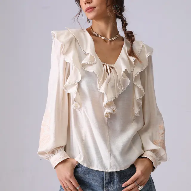 Embroidered Shirt Women's Spring Apricot Color Light Apricot - Shop at LoveMi