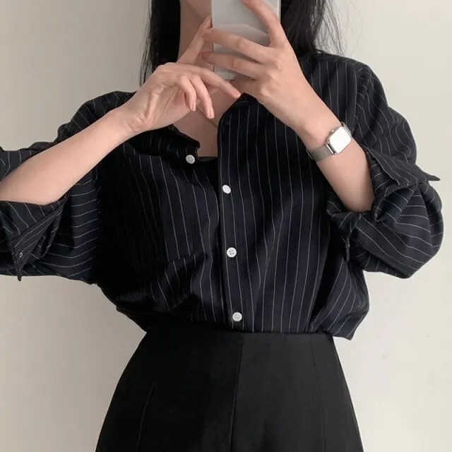 Retro Simple Striped Lapel Long Sleeve Shirt White - Shop at LoveMi