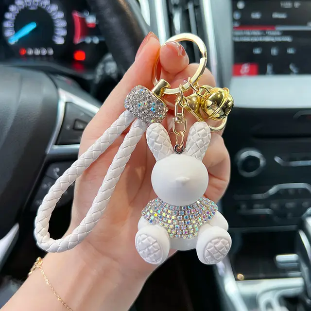 Cute Cartoon Diamond Rabbit Car Key Ring White - Shop at LoveMi
